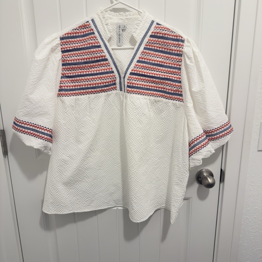 Grace + Karma Women's White Blouse Colorful Design Front Puff Sleeve Size 1X
